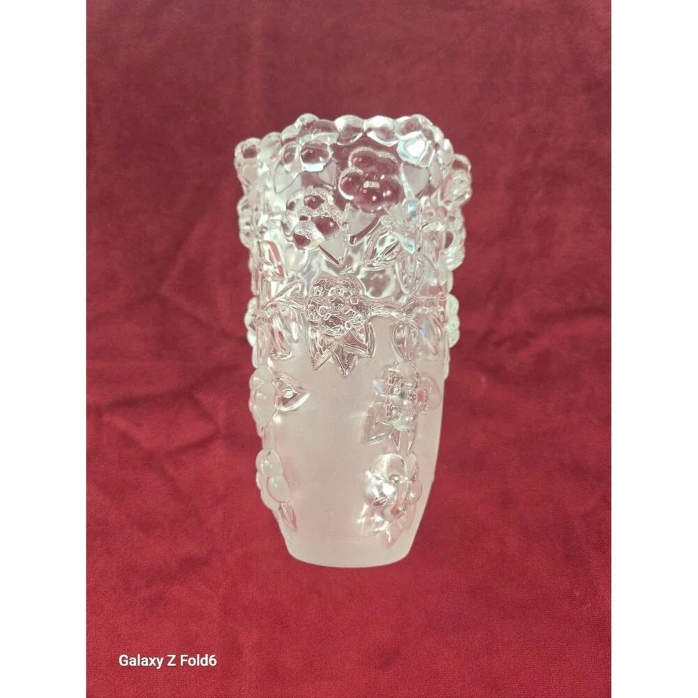 Pressed Glass Floral Vase. Frosted Satin Base. Beaded Scalloped Rim